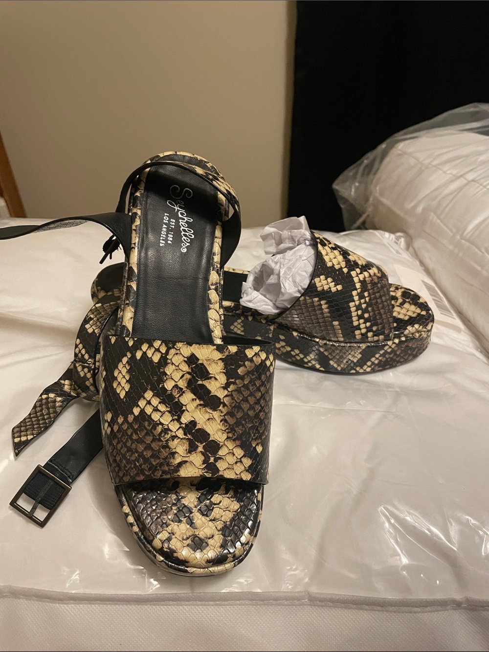 Seychelles Snake-Print Platform Sandals in Black and Tan